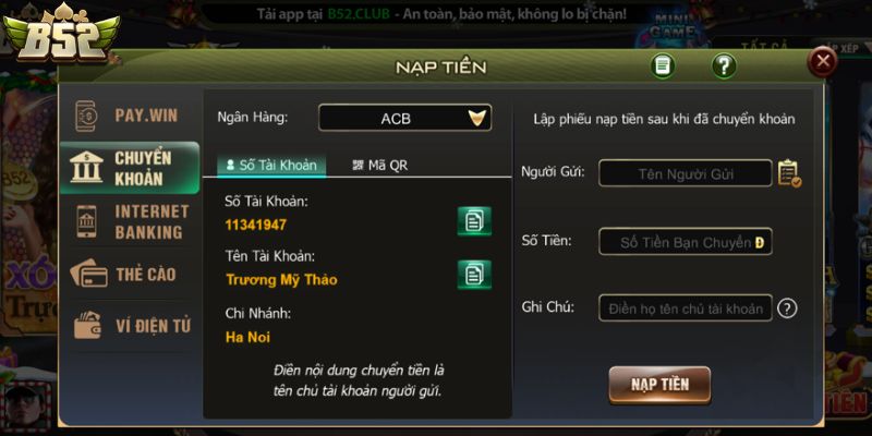 Nạp tiền B52Club siêu tốc bằng Banking